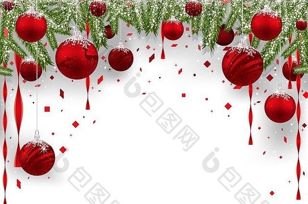 圣诞节背景红色的装饰物松柏科的分支机构