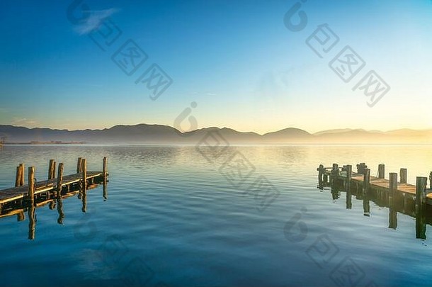 木皮尔斯码头湖日出托雷的泻湖普契尼韦西利亚massaciuccoli湖托斯卡纳意大利欧洲