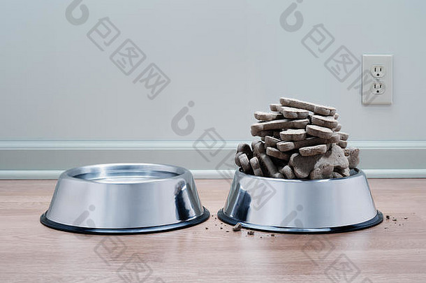 狗饼干堆高被宠坏的养尊处优的肥胖宠物水碗木地板上很酷的灰色背景