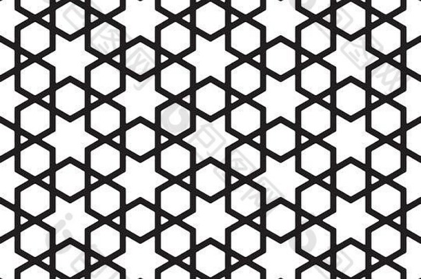 黑色和白色的无缝图案，粗线条。六角星六角星。圆角。