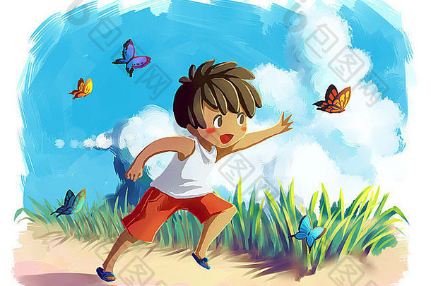 小男孩追逐蝴蝶的插图