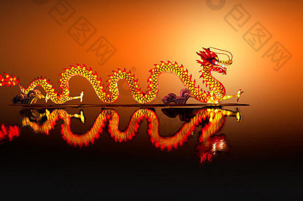 中国城池塘上的中国新年龙灯