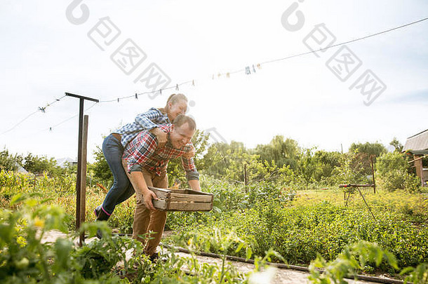 阳光明媚的日子里，年轻快乐的农民夫妇在花园里。从事环保产品种植的男人和女人。农业、农业、健康生活方式、家庭职业的概念。