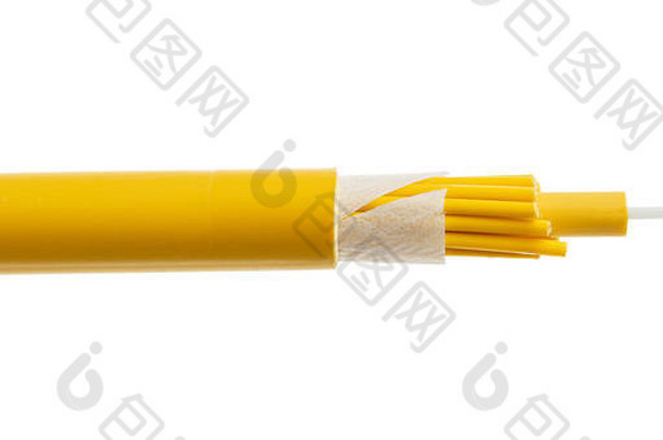 纤维光学电缆细节孤立的白色背景宽松的管光学纤维中央力量成员包括