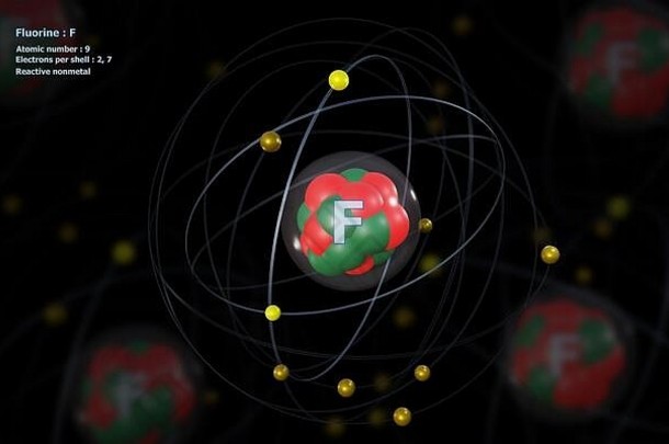 氟原子具有详细的核，其9个电子与背景中的其他原子