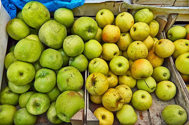 绿色黄色的苹果当地的市场
