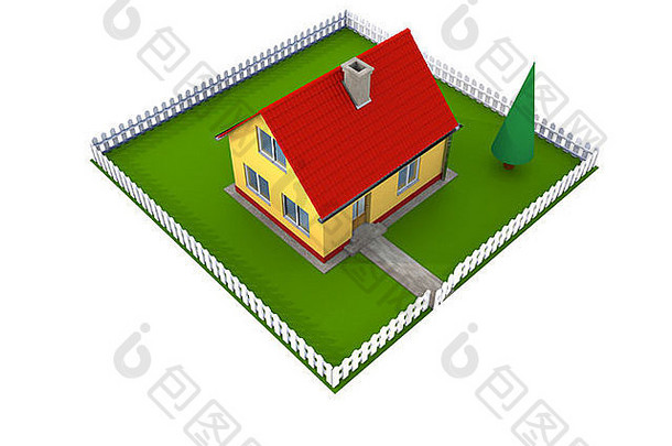 红色屋顶、绿色庭院和白色栅栏的小型家庭住宅