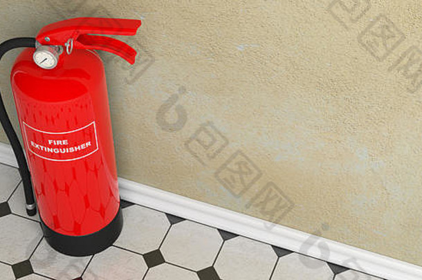 火安全红色的火灭火器瓷砖地板上贴墙文本标签复制空间插图
