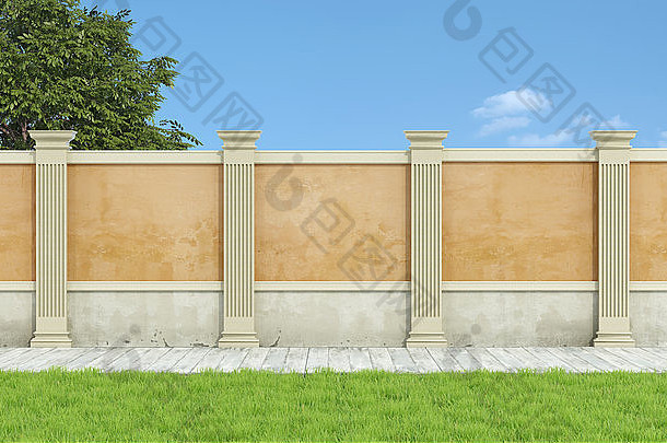 带有橙色墙壁、壁柱和木地板的空古典花园-3D渲染