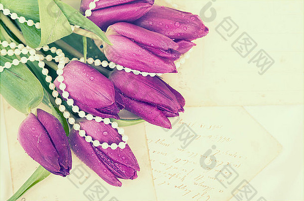 旧情书和紫色郁金香。复古风格色调图片