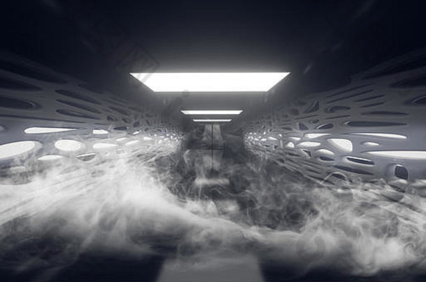 科幻未来主义现代外星抽象霓虹Led灯发光蓝白光暗空反射<strong>隧道</strong>走廊烟雾3D渲染