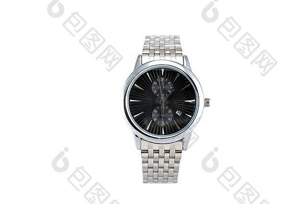 男士银色<strong>经典</strong>圆形手表，金属表带，黑色钟面和计时器功能。
