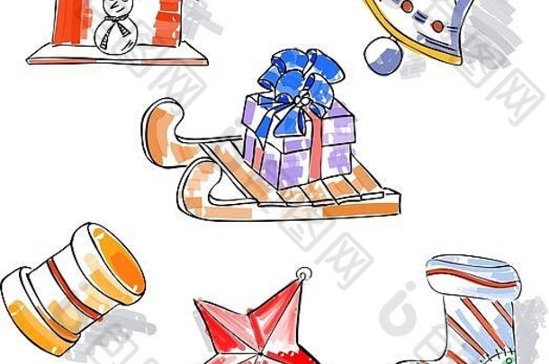圣诞节复古素描涂鸦元素雪橇明星雪人礼物玩具铃靴。手绘复古设计