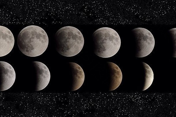 2015年9月27日的月全食照片定期拍摄并<strong>汇集</strong>在一起，形成了一幅精彩的合成图。
