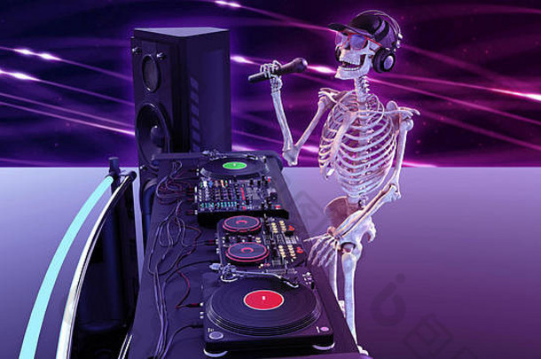 DJ Bones，带麦克风和帽子的人体骨架，在转盘上播放音乐，带音频设备的舞台骨架，3D渲染