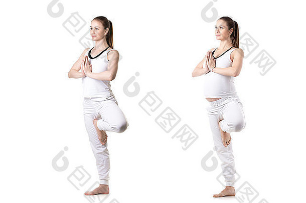穿着白色运动服的年轻快乐健身模特在怀孕前和怀孕期间做瑜伽或普拉提训练的合成图像