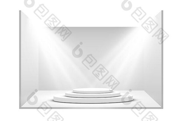 轮讲台上基座平台照亮聚光灯白色背景平台设计现实的空讲台上阶段风景优美的