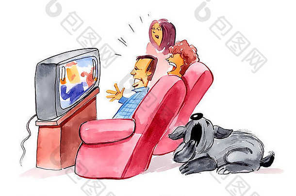 家庭看电视和无聊狗的幽默插图