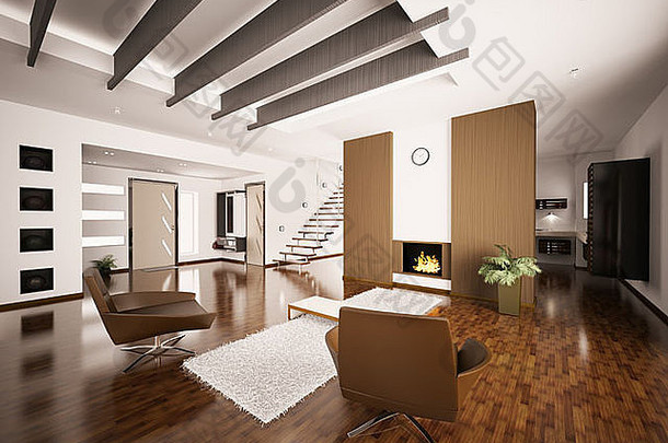 带壁炉和楼梯的现代公寓内部客厅大厅3d渲染