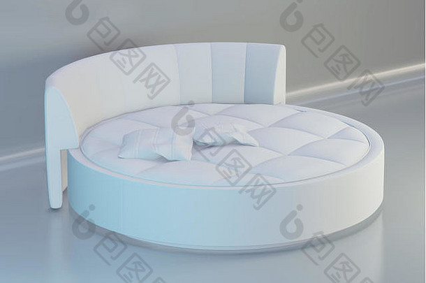 圆形优雅的床，柔软的白色枕头，正面视图。三维渲染