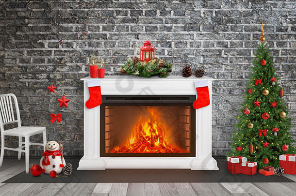 装饰壁炉和圣诞树。背景是砖墙。壁炉上的圣诞袜。