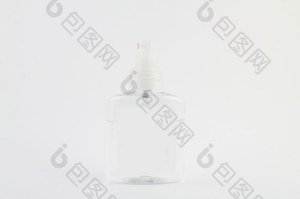 白色背景上分离的抗菌消毒剂瓶。冠状病毒防护