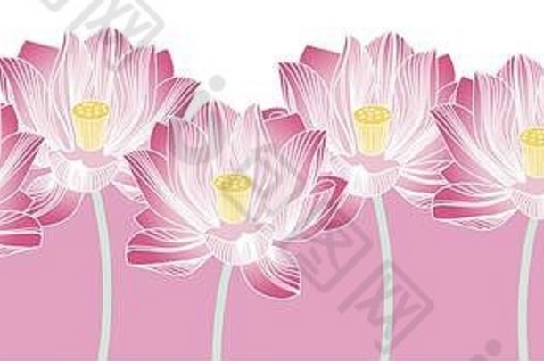 程式化的水百合花瓣开花粉红色的荷花水平无缝的背景工艺品艺术壁纸网络页面面料打印
