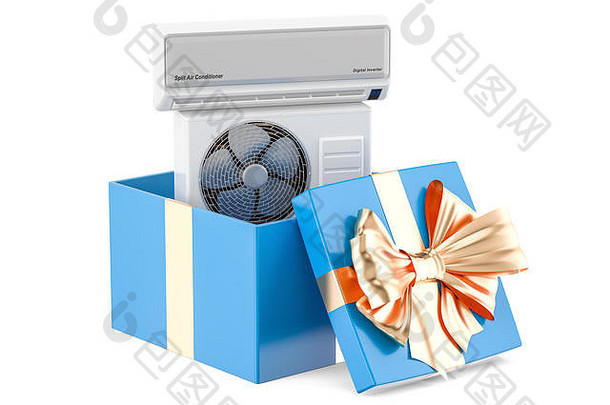 礼品概念，礼品盒内有空调。三维渲染