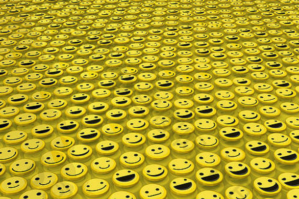 笑脸图标黄色背景，许多3d对象，水平