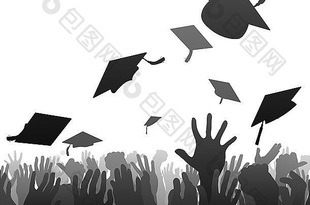 毕业生毕业人群概念学生手轮廓扔砂浆董事会帽空气