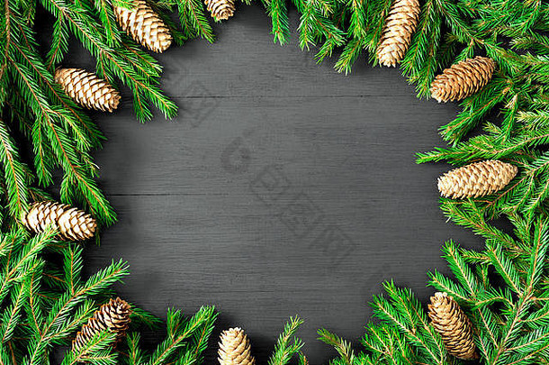 白色背景上有圆锥形的冬季树枝的圣诞节圆形框架。节日的冬季背景。