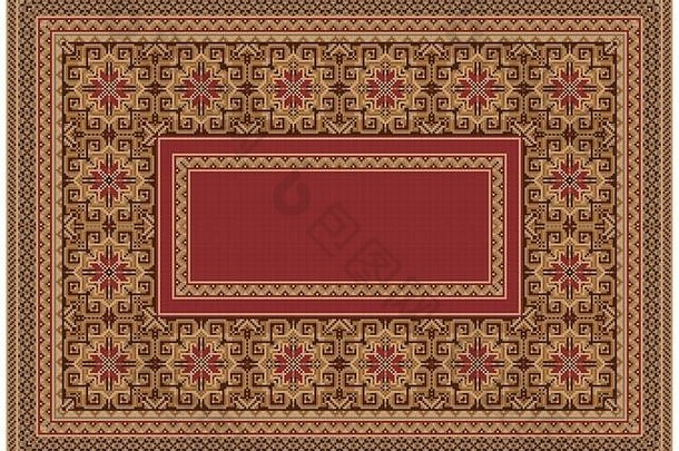画豪华的东方地毯红色的米色棕色（的）色调有图案的边境中间白色背景