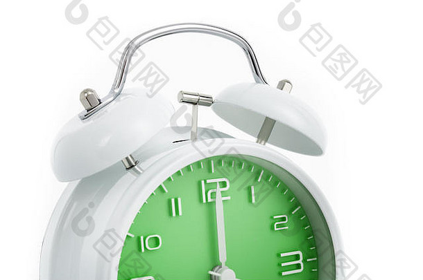 带有绿色钟面的裁剪双钟模拟闹钟在白色背景上显示完整的小时