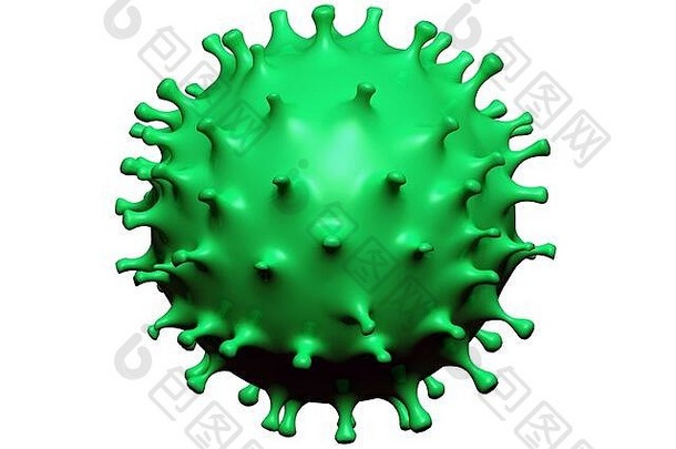 绿色冠状病毒冠状病毒19型病毒细胞在白色背景上分离，具有拷贝空间的3d渲染。