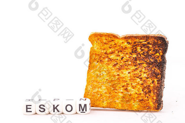 南非Eskom<strong>电力公司</strong>和一片烧焦的烤面包片被隔离在白色背景图像上，水平格式的拷贝空间