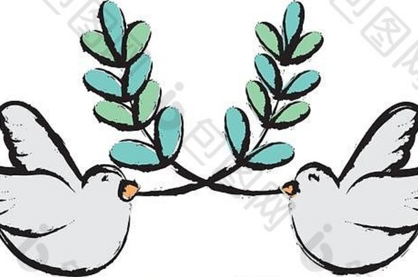 可爱的鸽子用树枝象征和平