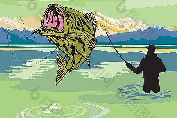 图为苍蝇渔夫在复古风格中钓鱼时绕着大口鲈鱼跳跃