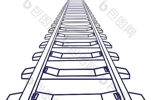 直线列车轨道的透视图。草图轮廓。