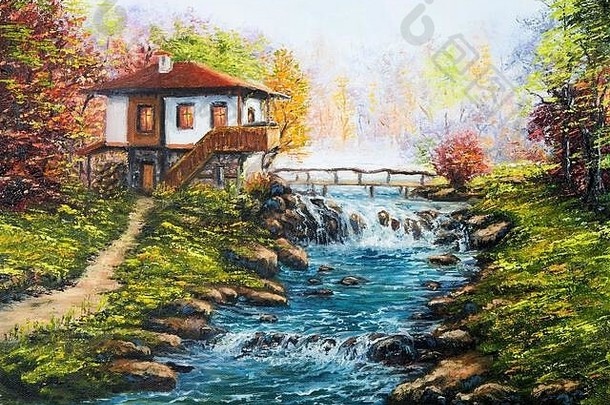 在画布上展示保加利亚传统房屋和山中河流的原始油画。现代印象派、现代主义、马林主义