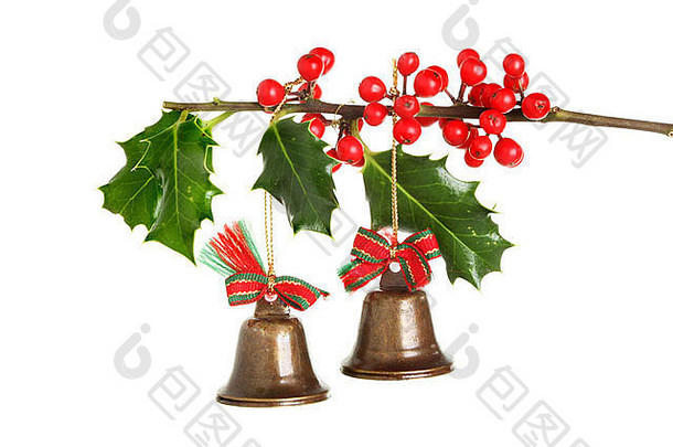 圣诞树装饰黄铜铃铛挂在冬青树枝上，红色成熟的浆果与白色隔离开来