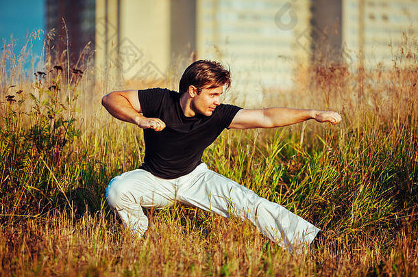 年轻的运动男人。武术艺术培训在户外草场