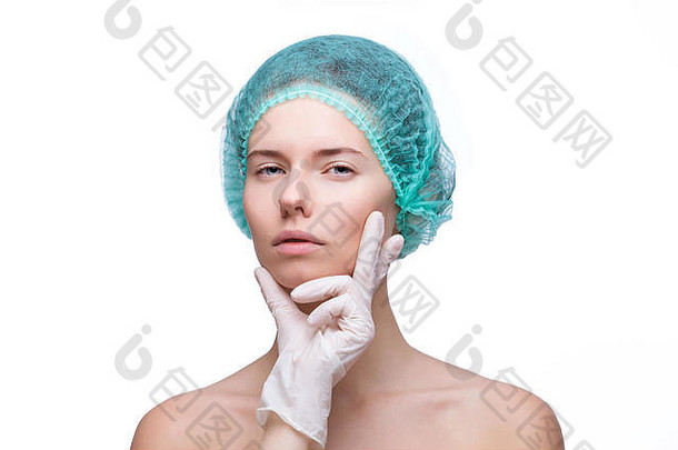 戴手套的美丽女人的医学检查脸-白色隔离的特写肖像