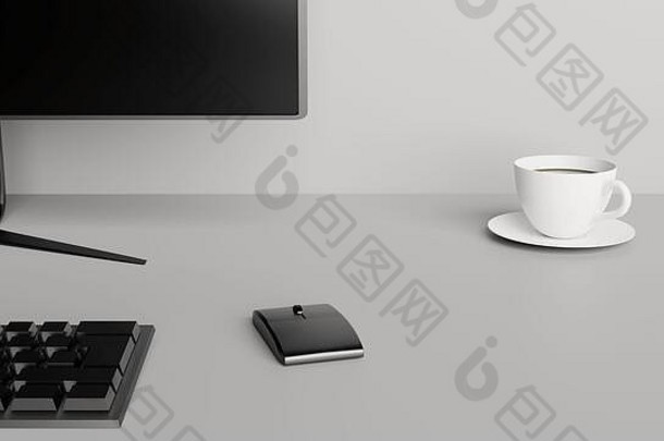 电脑屏幕、键盘、鼠标和一杯咖啡的桌面细节。家庭办公室概念。三维渲染。