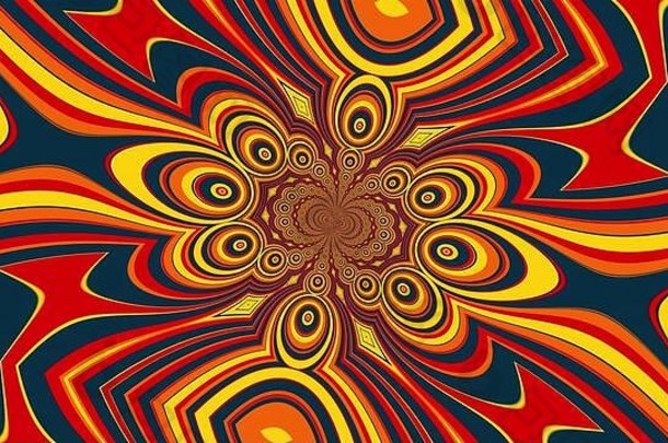 曼荼罗的花瓣和圆圈由彩色条纹构成。计算机生成的催眠背景的三维渲染