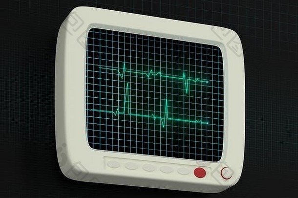 显示器上反射的发光数字心跳线，3d渲染。计算机数字绘图。