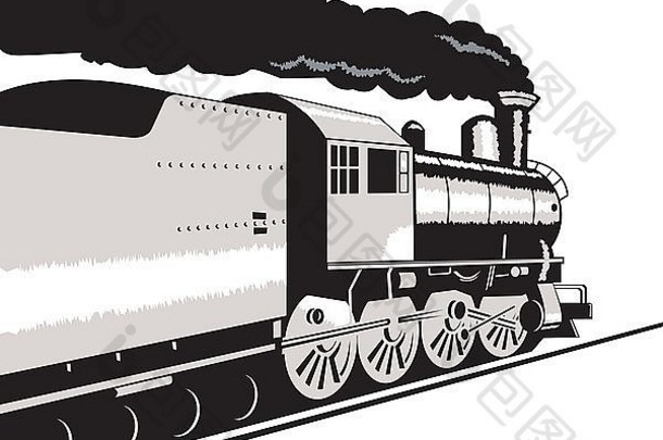在孤立的背景下，一辆蒸汽火车头以复古风格出现在铁路上。