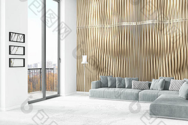 品牌白色阁楼卧室最小的风格室内设计Copyspace墙视图窗口呈现