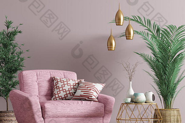 室内生活房间金咖啡表格粉红色的扶手椅首页设计呈现