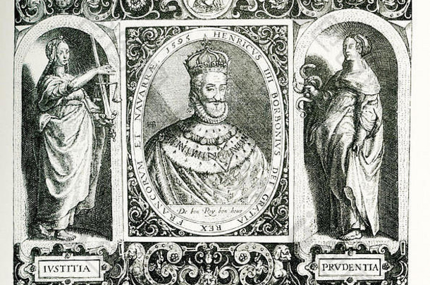中间的人物是法兰西国王亨利四世（1553-1610），他也被称为好国王亨利。他是波旁王朝的第一位法国国王。他左边是正义的寓言形象，右边是谨慎的寓言形象。这幅版画由比利时雕刻家、金匠、编辑和出版商西奥多