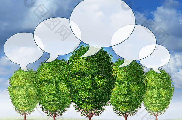 作为一个商业概念的不断增长的交流社区，一组树的形状像一个人的头，有连接的语音泡泡，作为人们在不断增长的社交网络中交流的象征。